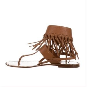VALENTINO Tan Pebbled Leather Fringe Ankle Cuff Sandals